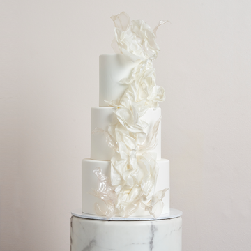 Fondant covered cake - 3 tier with white iridescent rice paper shards