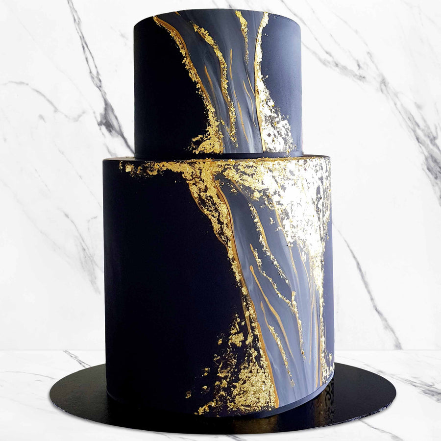 Black fondant 2 tier marble gold fleck cake