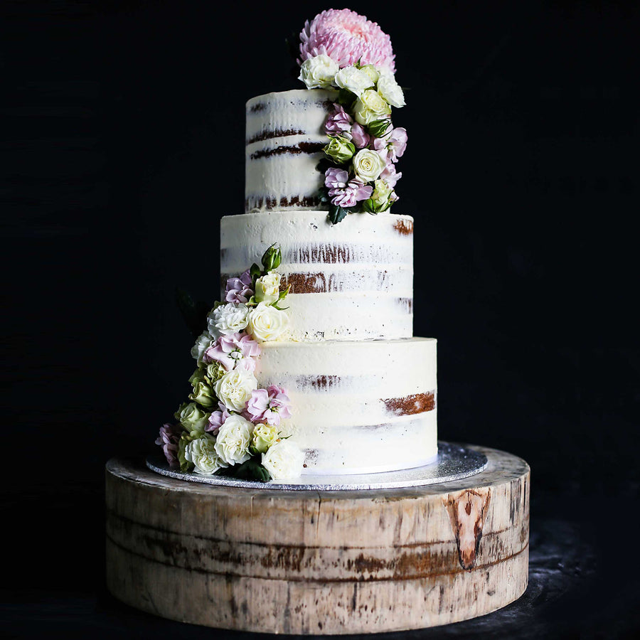 Buttercream naked cake3 tier purple floral – increased height