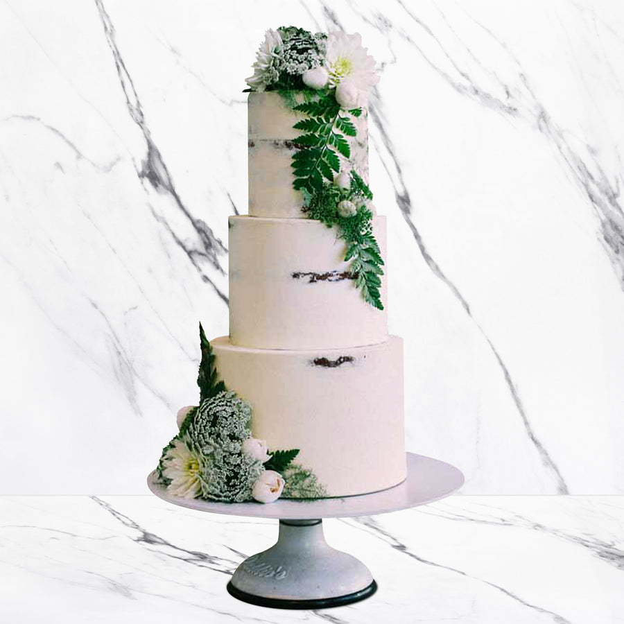 Naked smooth wedding cake 3 tier rustic floral